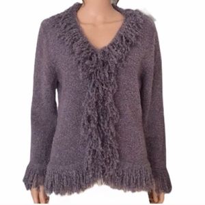 Ruby Rd Lavender Fringe Trim Knit Cardigan Sweater Size L